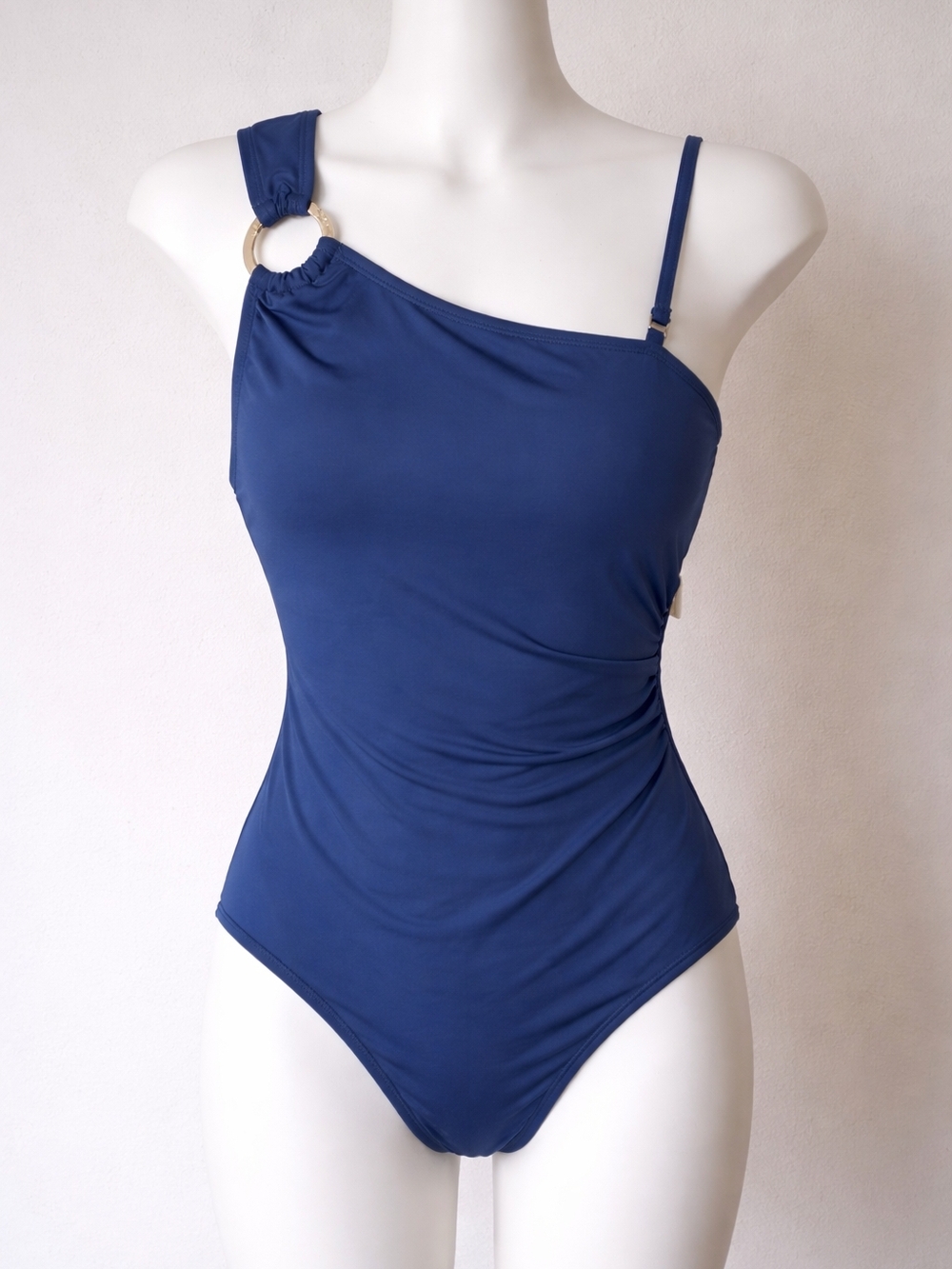Michael Kors One-Shoulder Navy Blue Swimsuit with Gold Ring Accent.